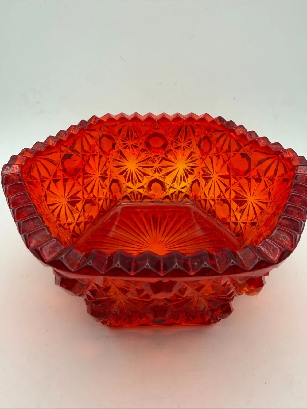 LE Smith DAISY & BUTTON Amberina / Orange Glass Bowl or Nut Dish Hexagon